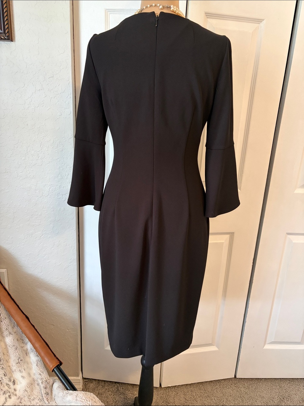 Calvin Klein Black 3/4 sleeve sheath dress with pearl accents on sleeves size 4 - Picture 4 of 6